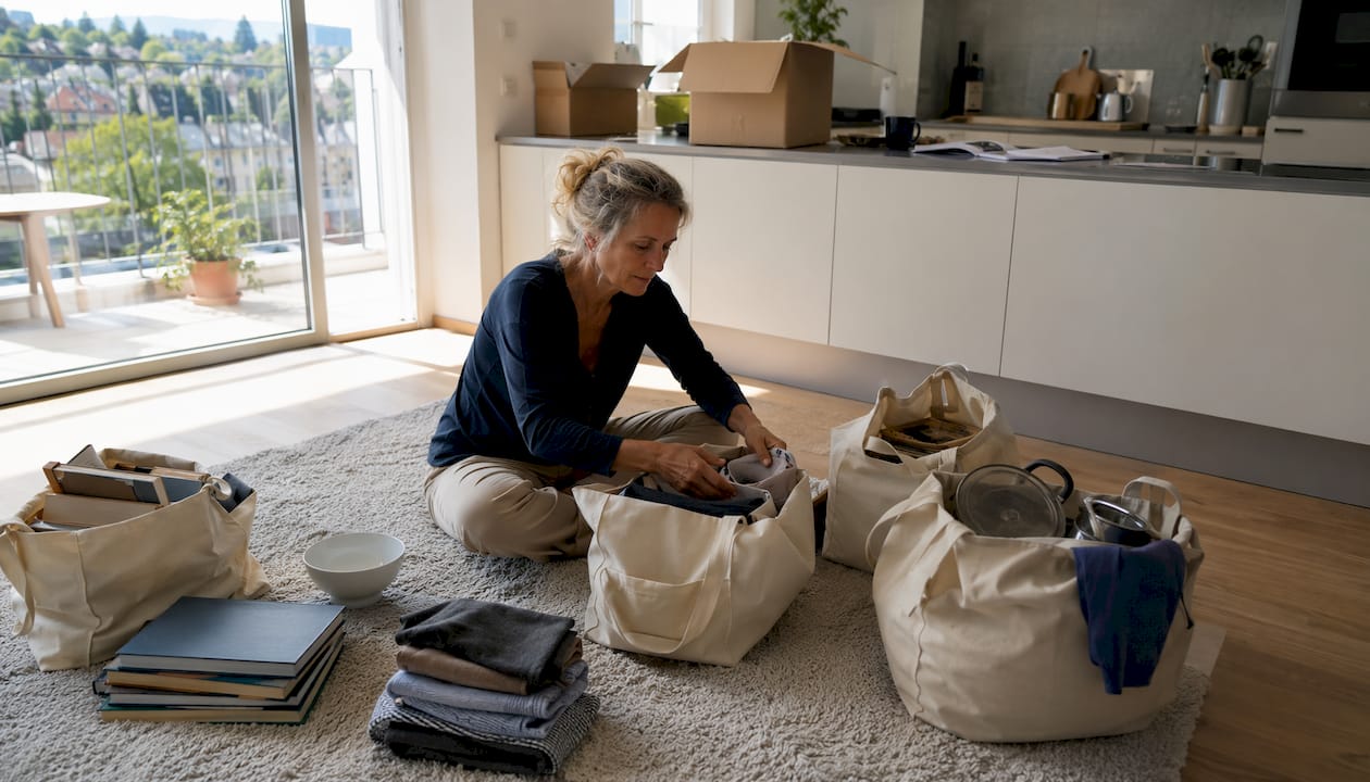 Avant de déménager, une femme fait le tri dans ses affaires pour décider ce qu’elle garde ou ce qu’elle laisse derrière elle.