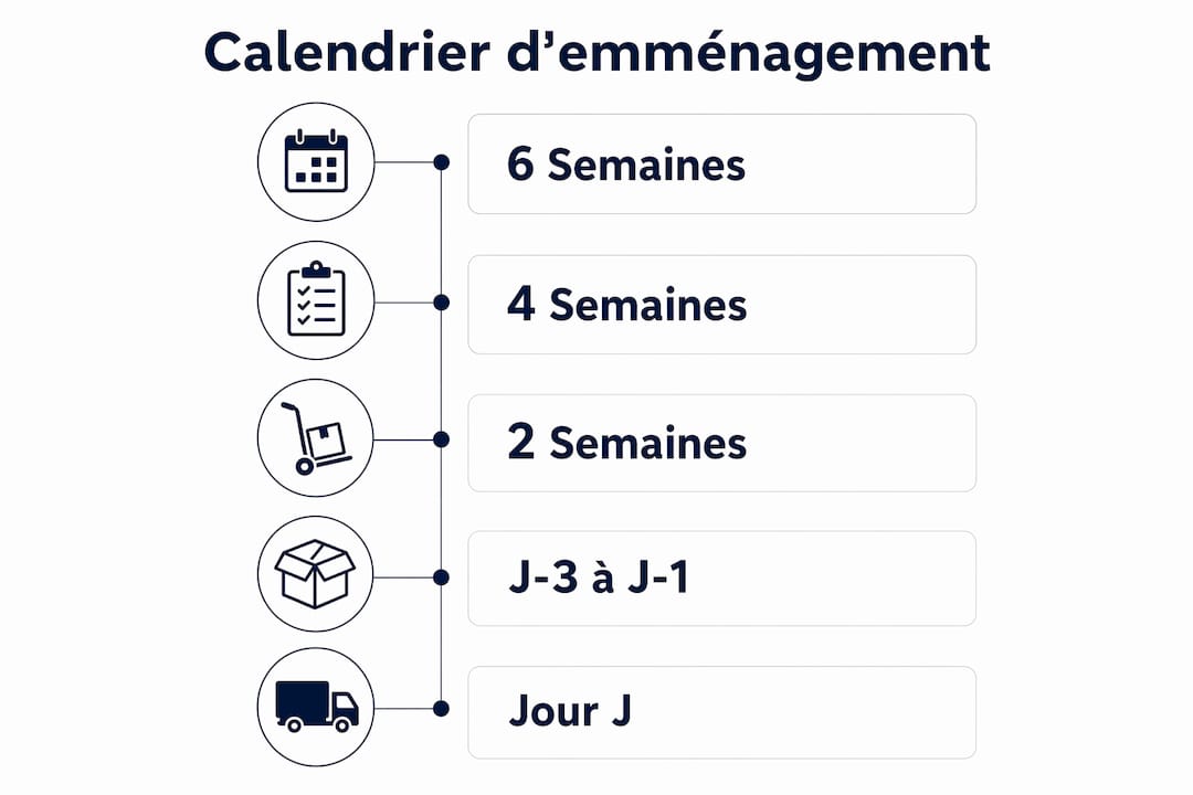 Visuel détaillant les différentes étapes clés pour préparer et réussir son déménagement, du premier tri à l'installation finale.