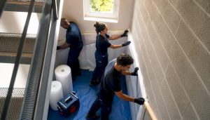 Les déménageurs prennent soin de protéger la cage d’escalier en la recouvrant de mousse pour éviter tout dommage lors du transport.