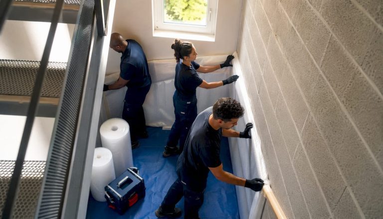 Les déménageurs prennent soin de protéger la cage d’escalier en la recouvrant de mousse pour éviter tout dommage lors du transport.