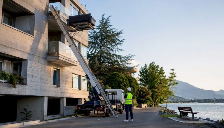 Un camion élévateur en pleine opération devant un immeuble en Suisse
