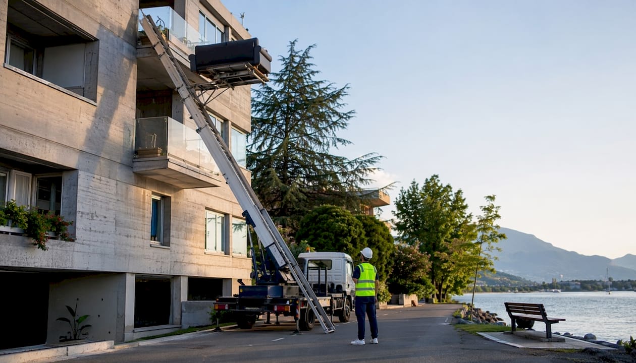 Un camion élévateur en pleine opération devant un immeuble en Suisse