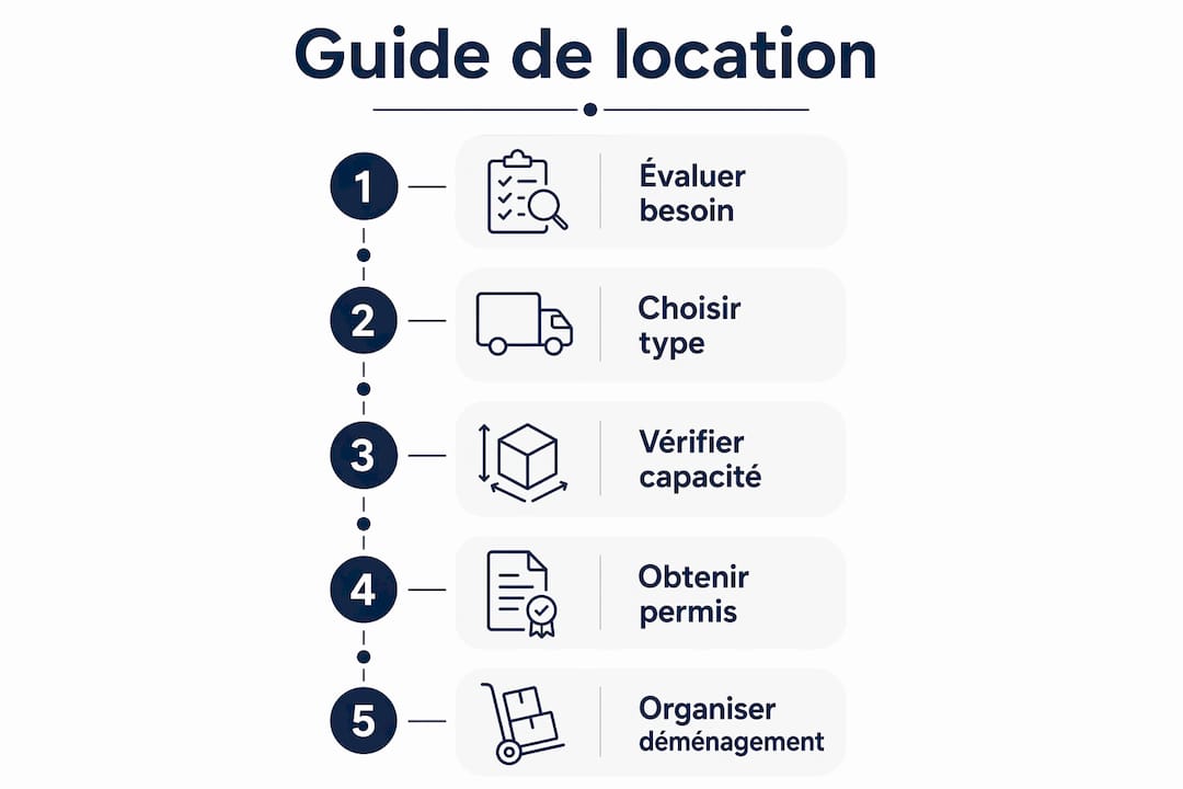 Infographie en format vertical présentant les différentes étapes pour louer un monte-meubles