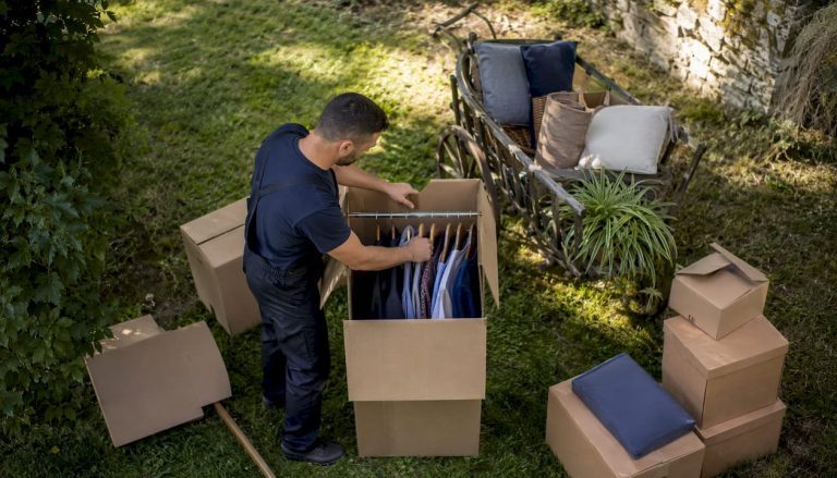 Un déménageur range soigneusement des vêtements sur un carton penderie pour faciliter leur transport.