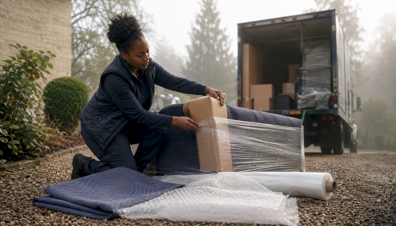 Dans un garage impeccablement rangé, une femme emballe soigneusement un canapé composé de plusieurs couches.
