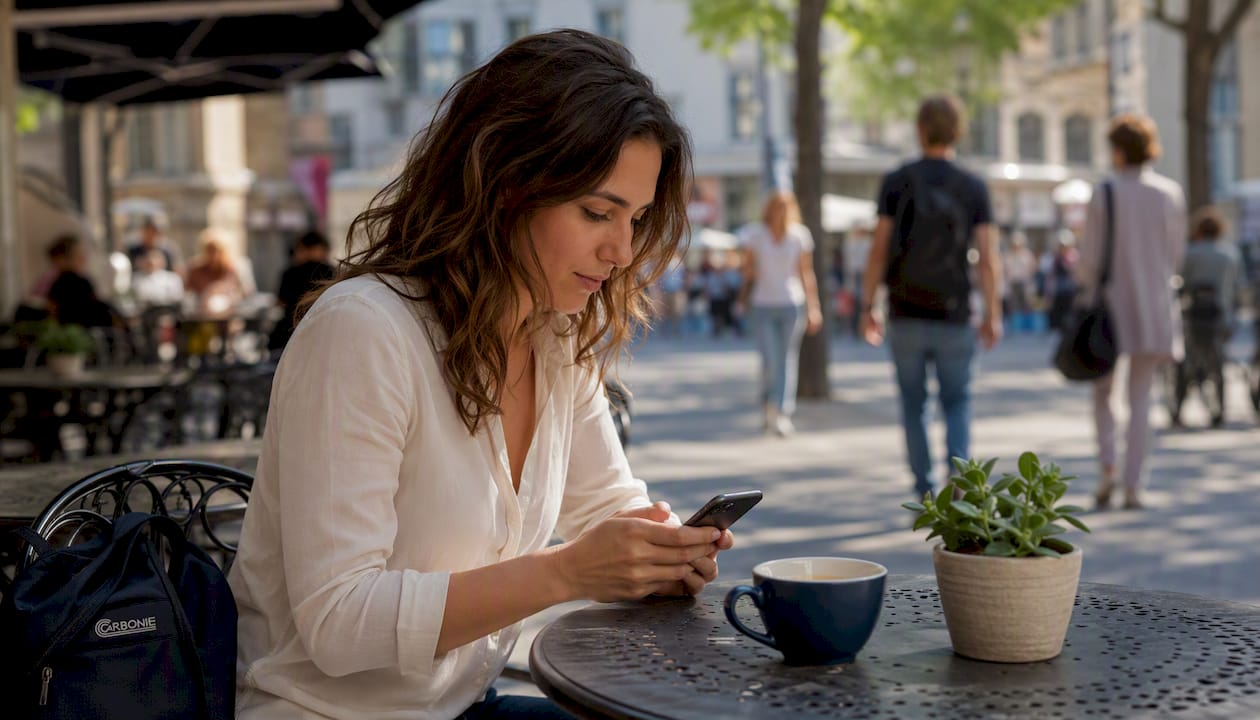 Une femme utilise son smartphone pour communiquer avec les habitants et assurer le suivi de leur situation.