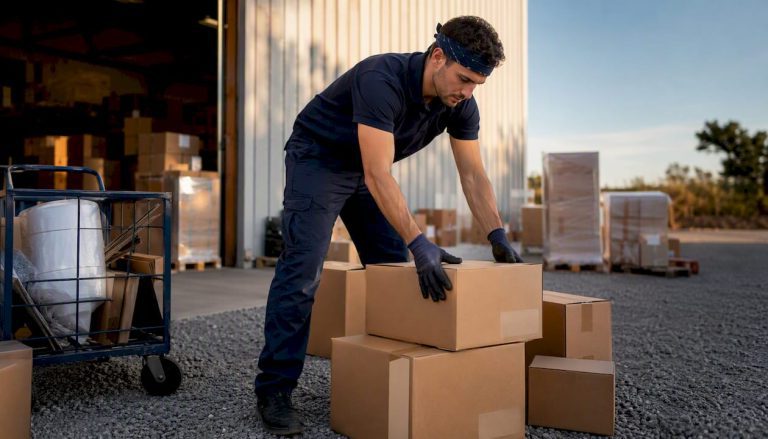 Un employé organise des cartons de déménagement par taille dans l’entrepôt, afin d’optimiser l’espace et faciliter leur accès.