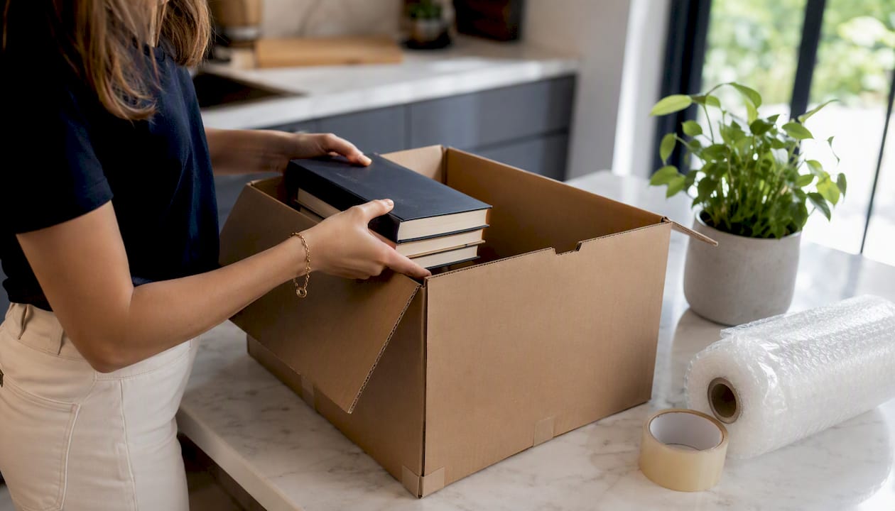 Des mains rangent des livres épais dans un petit carton de déménagement.