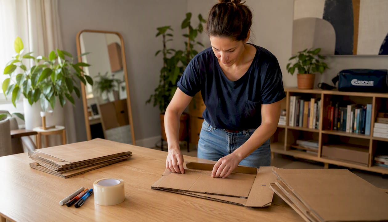 Une personne trie différentes tailles de cartons sur son bureau à la maison.
