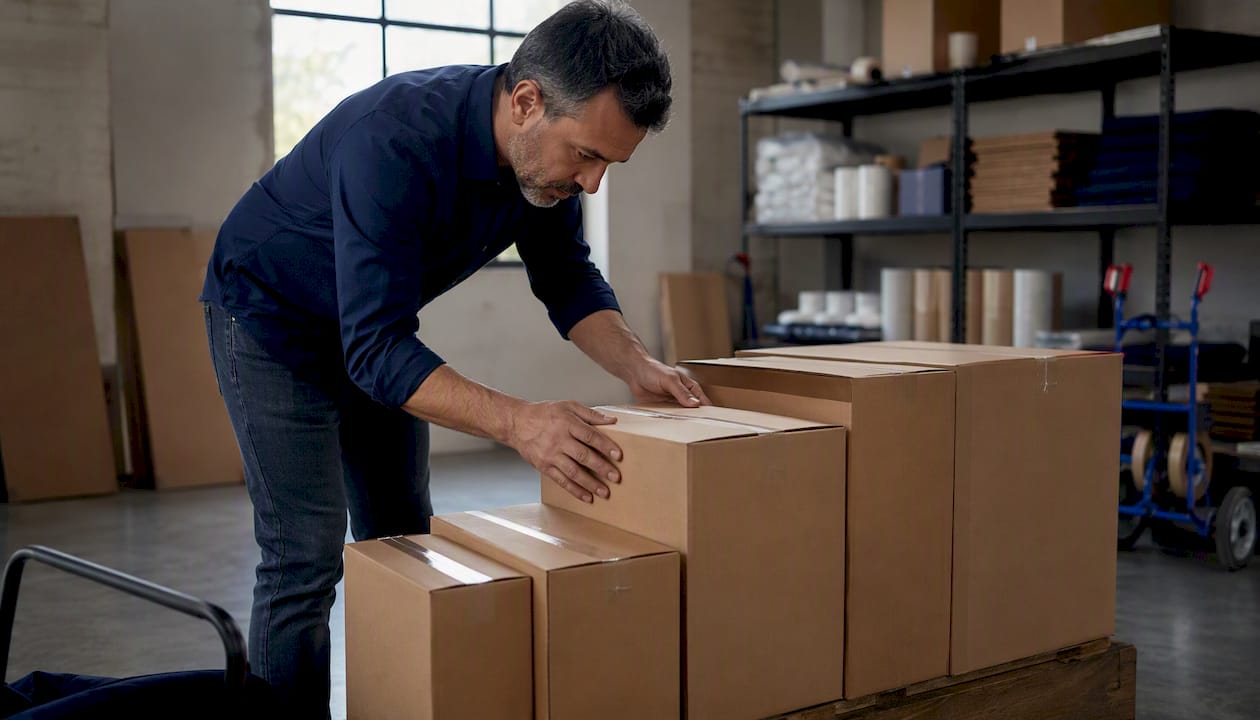 Un homme prend les mesures de plusieurs cartons en double cannelure, vérifiant leurs dimensions pour s'assurer qu'ils conviennent.