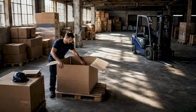 Agent d’entrepôt chargé de la manutention de cartons en double cannelure.