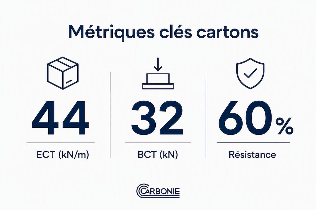 Visuel explicatif présentant les indicateurs ECT et BCT utilisés pour évaluer la résistance des cartons.