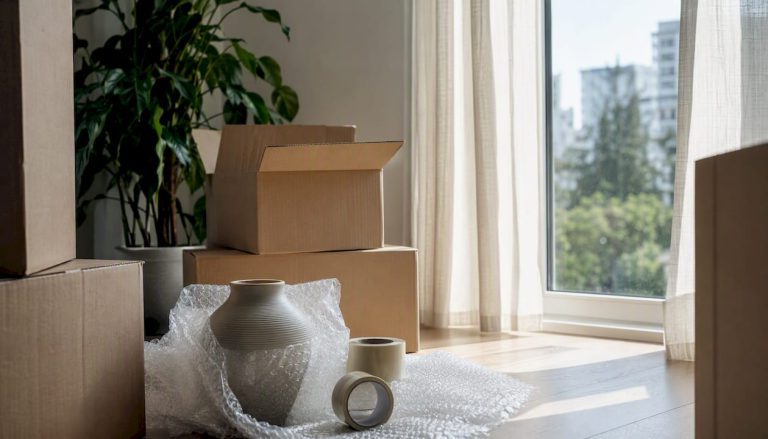 Des cartons et du matériel d’emballage éparpillés dans un appartement baigné de lumière.