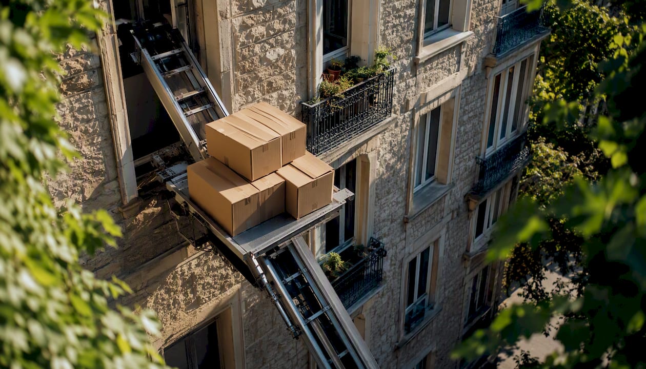 Un monte-charge transporte des cartons le long de la façade d’un immeuble.