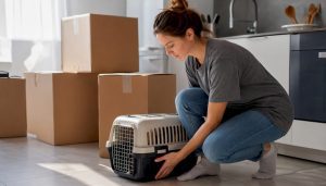 Une caisse de transport pour animal posée à côté de cartons de déménagement et de papiers administratifs.