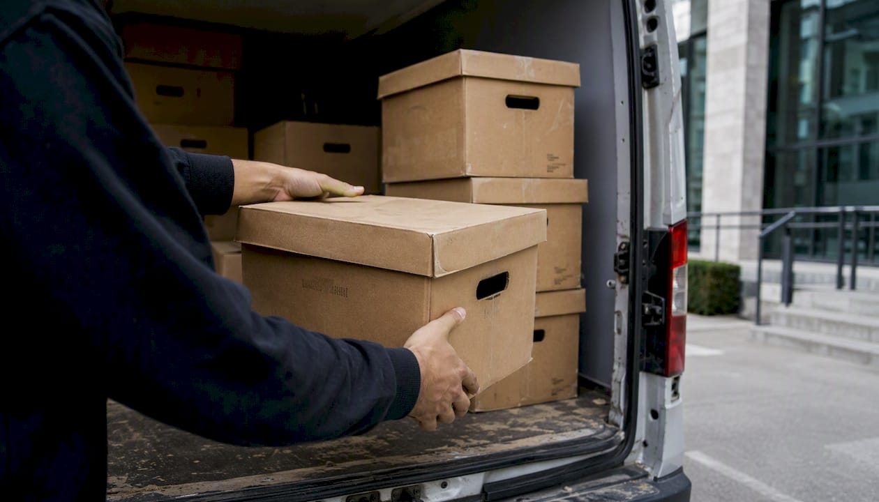 Un déménageur professionnel en train de charger des cartons d’archives dans un utilitaire.
