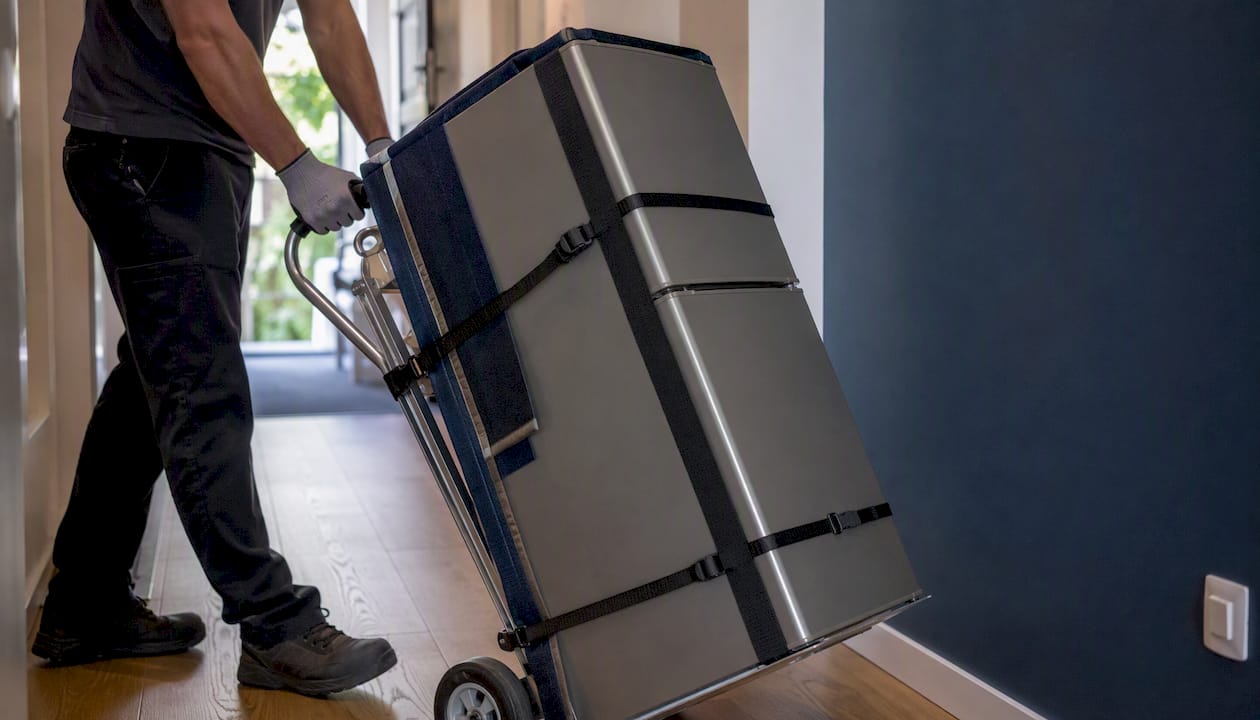 On aperçoit des mains en train de déplacer un lave-linge posé sur un diable dans le couloir.