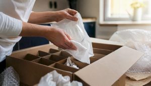 Des mains enveloppent délicatement un verre à vin dans du papier pour le protéger.