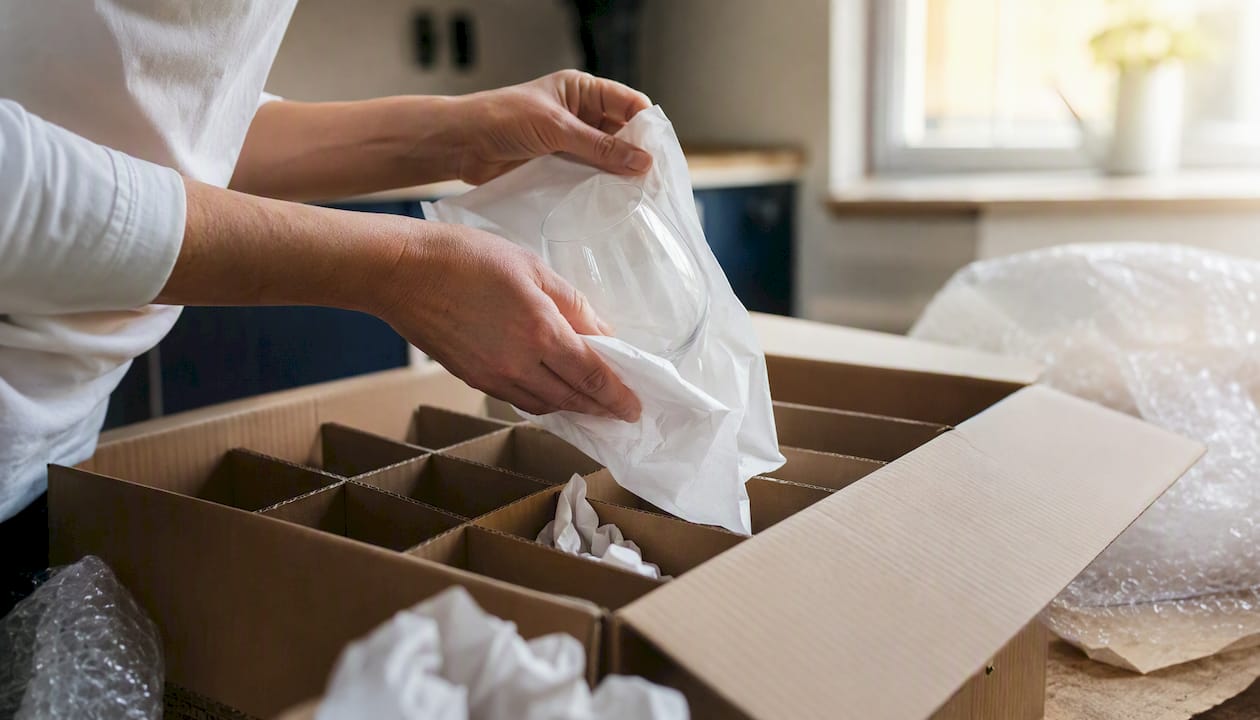 Des mains enveloppent délicatement un verre à vin dans du papier pour le protéger.