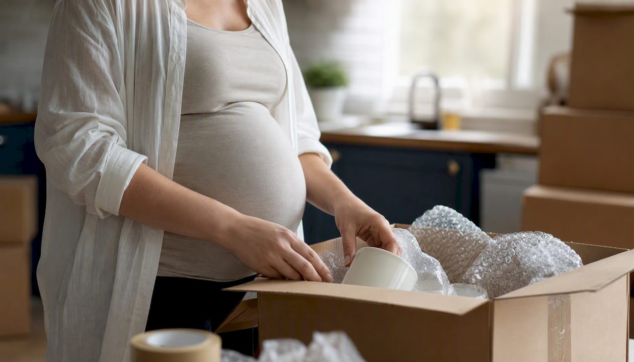 Une femme enceinte prend soin de ranger de petits cartons avec précaution.