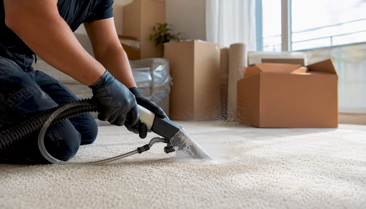 Zoom sur un tapis fraîchement shampouiné, révélant sa propreté éclatante.