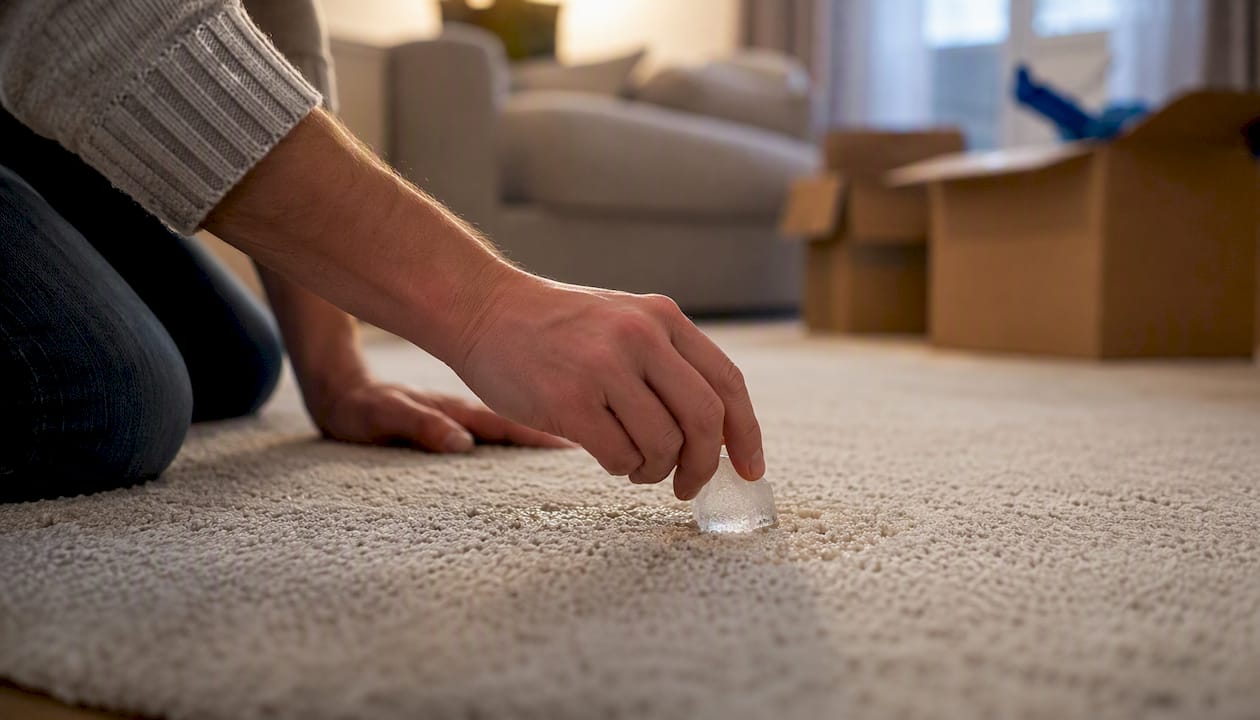 Des mains déposent un glaçon sur une marque laissée par un meuble sur la moquette.