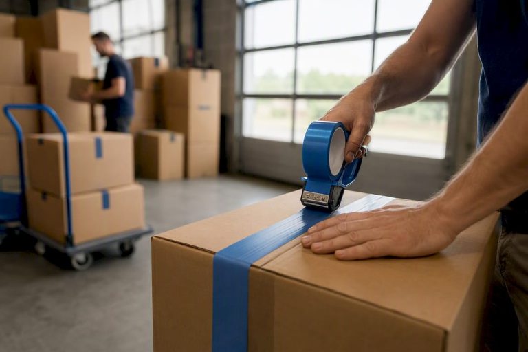 Des mains qui ferment soigneusement des cartons de déménagement avec du ruban adhésif et collent des étiquettes pour bien tout organiser.