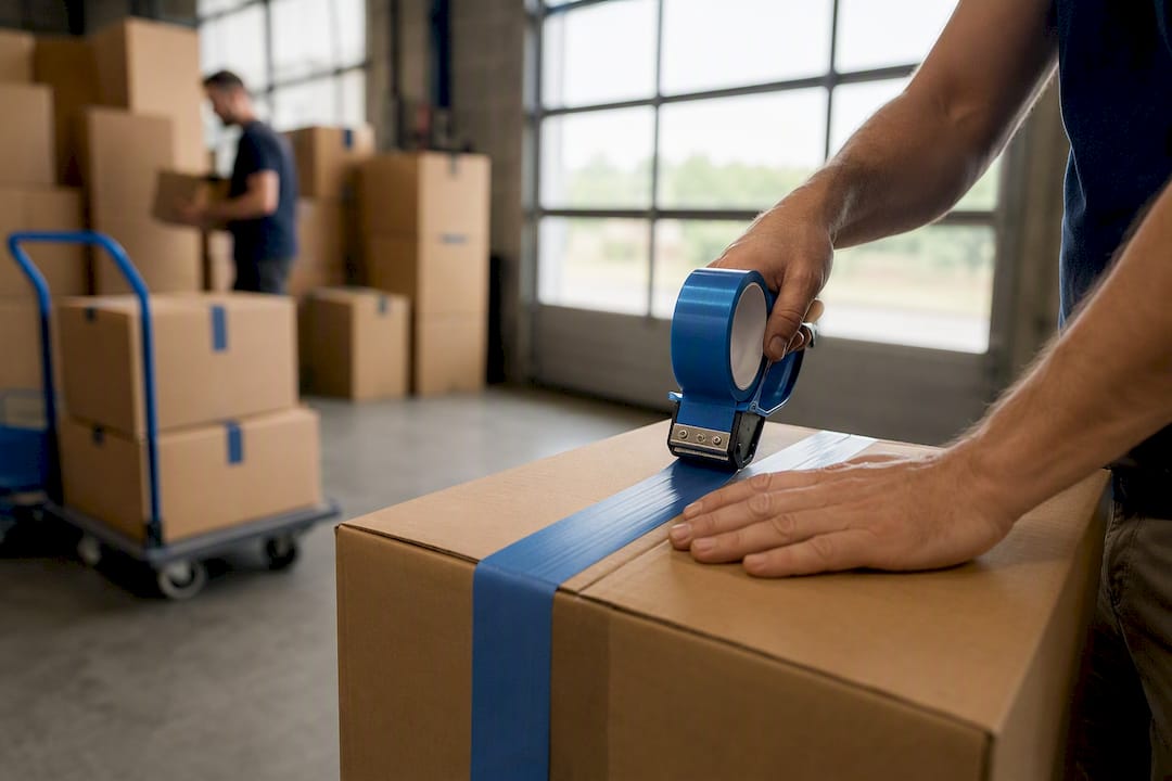 Des mains qui ferment soigneusement des cartons de déménagement avec du ruban adhésif et collent des étiquettes pour bien tout organiser.