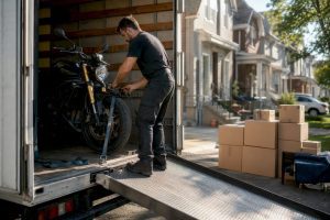 Déménageur attachant une moto dans le camion de déménagement