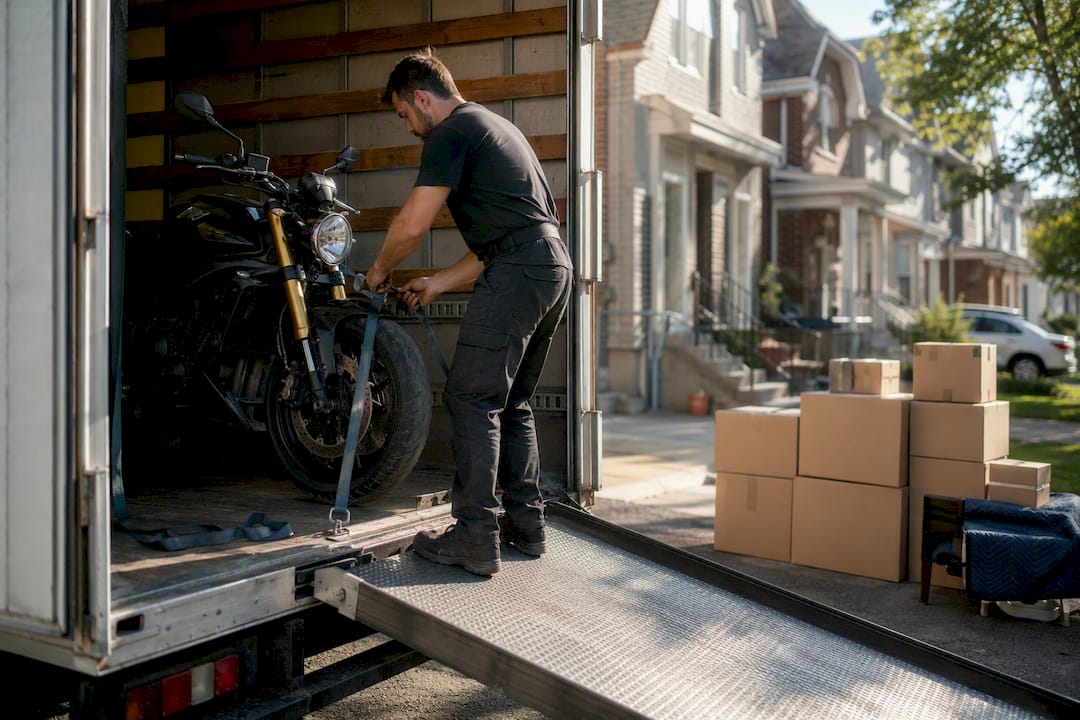 Déménageur attachant une moto dans le camion de déménagement