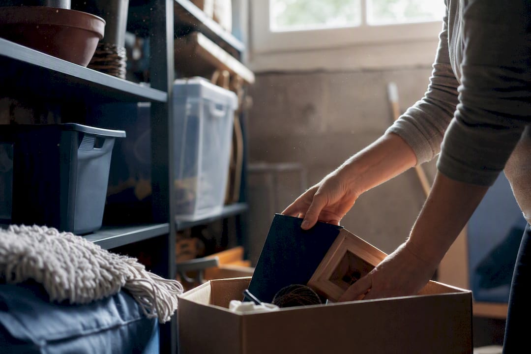 Mains triant des objets dans un rangement de sous-sol