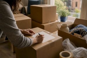 Mains emballant et scotchant des cartons de déménagement
