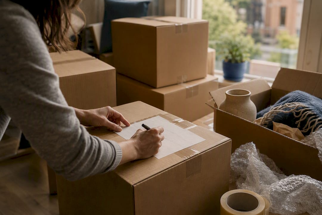 Mains emballant et scotchant des cartons de déménagement