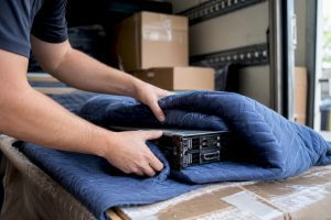 Des mains emballent des serveurs pour le transport