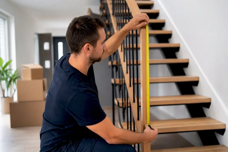 Déménageur prenant les mesures de l'escalier d'un appartement
