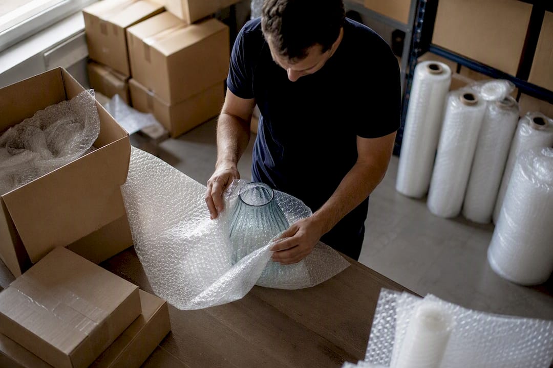 Mains emballant un objet fragile avec du papier bulle