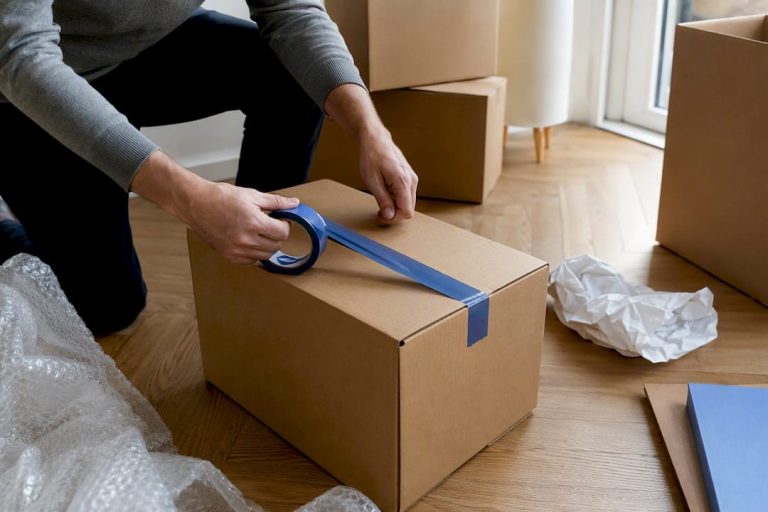 Mains scellant une boîte d'emballage dans un appartement