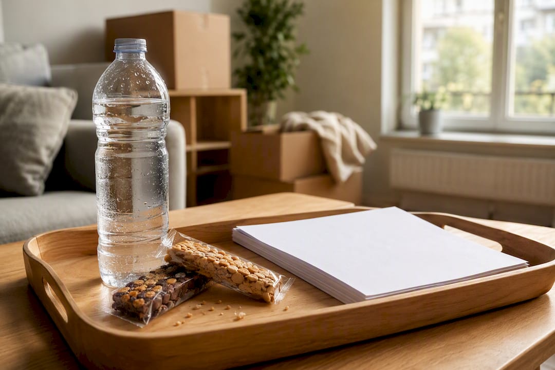 Bouteille d'eau et snacks sur le plan de travail de la cuisine