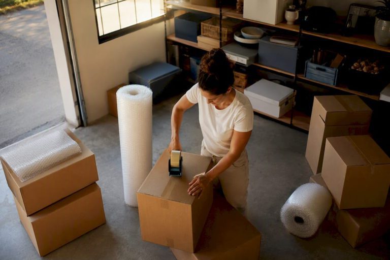 Des mains scotchant des cartons de déménagement dans le couloir d'un appartement