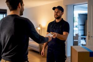 Le client remet une enveloppe au déménageur