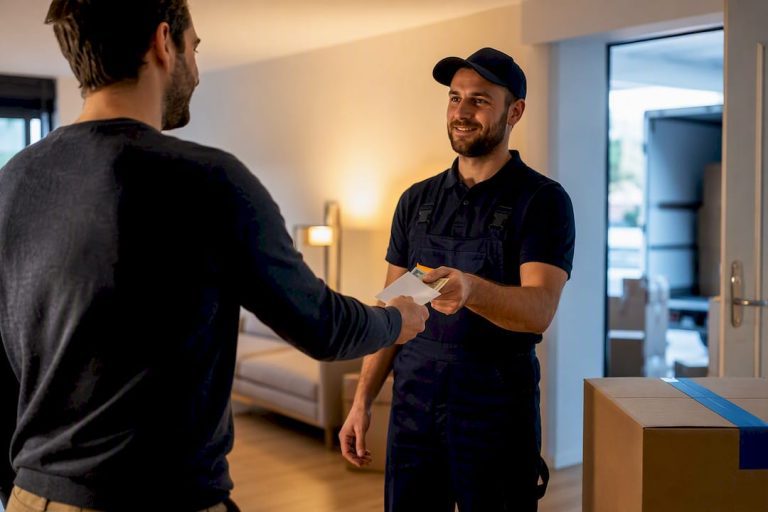 Le client remet une enveloppe au déménageur