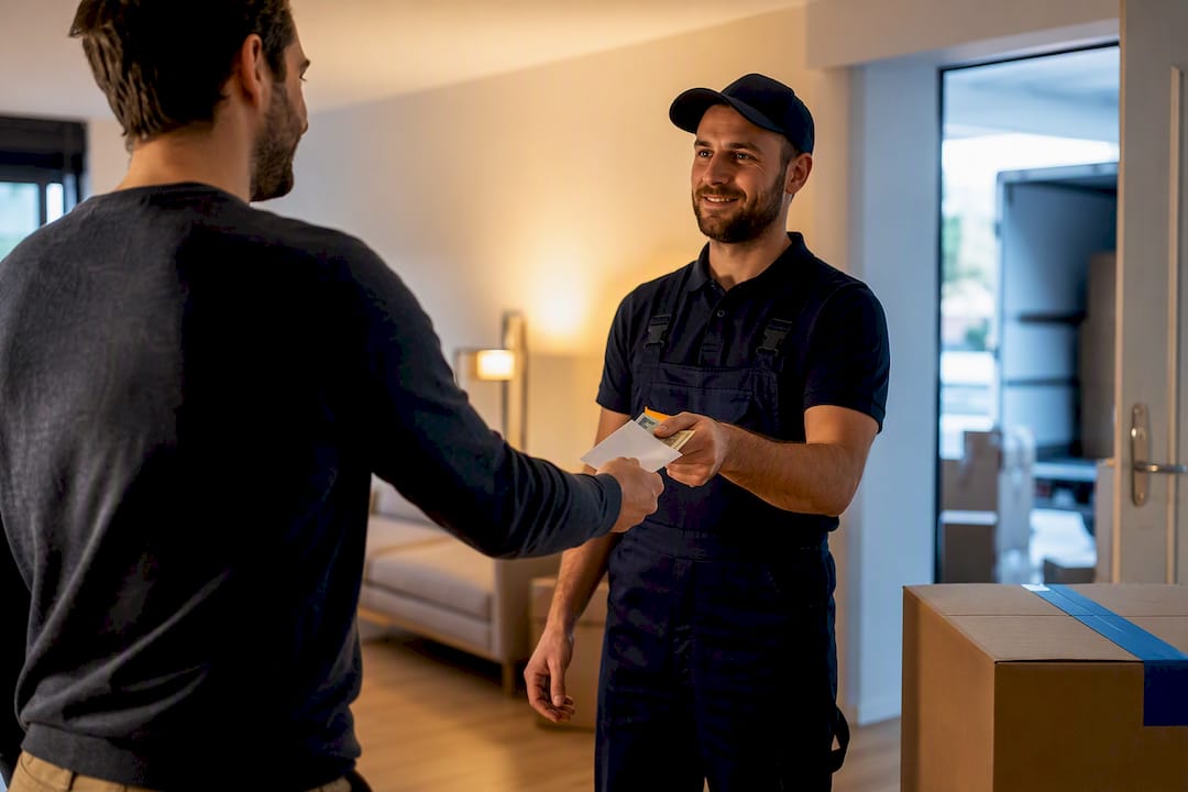 Le client remet une enveloppe au déménageur