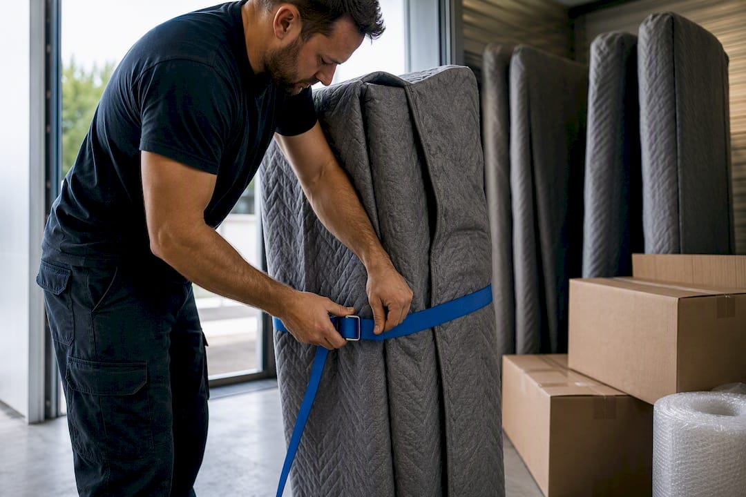 Meuble démonté et protégé en stockage temporaire