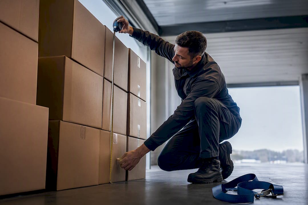 Déménageur en train de mesurer une pile de cartons