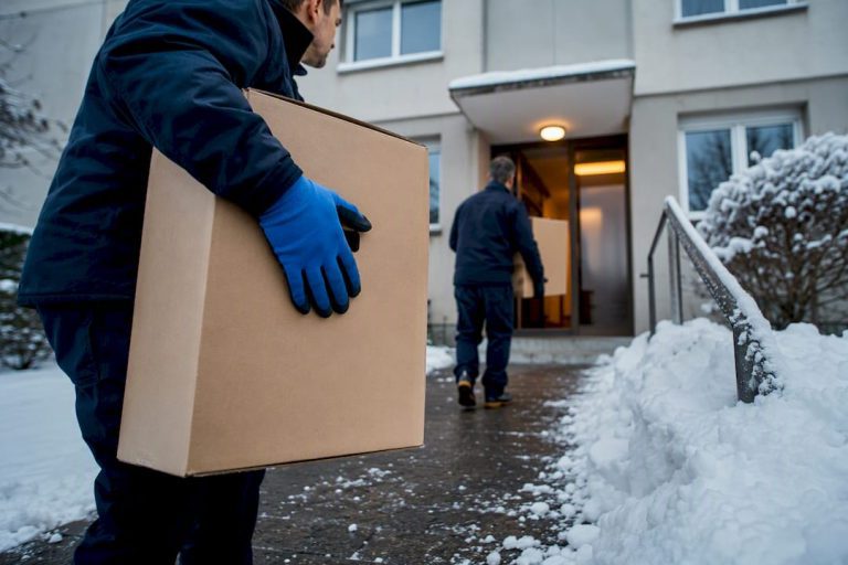Des déménageurs qui déplacent des cartons sous la neige