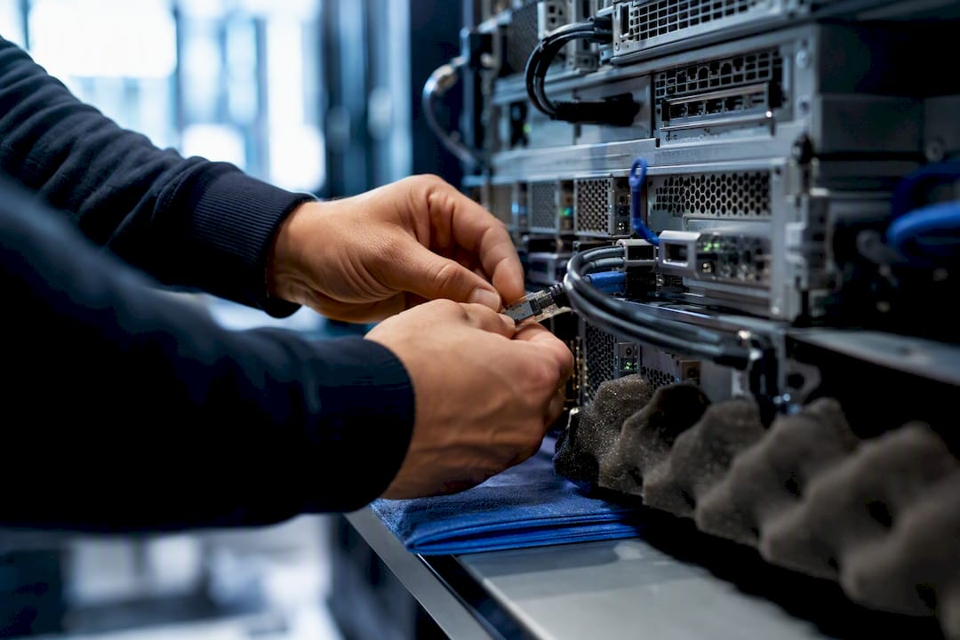 Technicien en train de vérifier les connexions d’un serveur