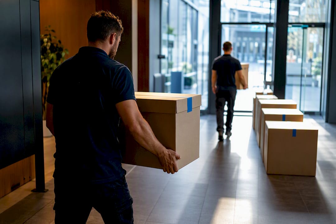Des déménageurs transportant des cartons dans des bureaux