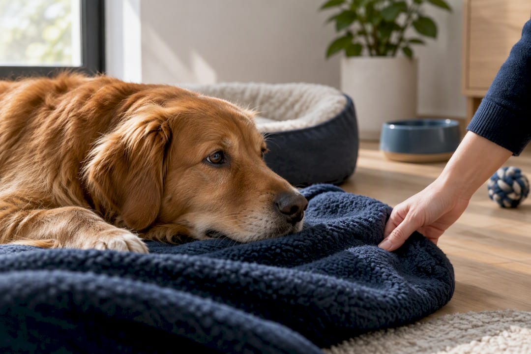Chien détendu sur une couverture familière