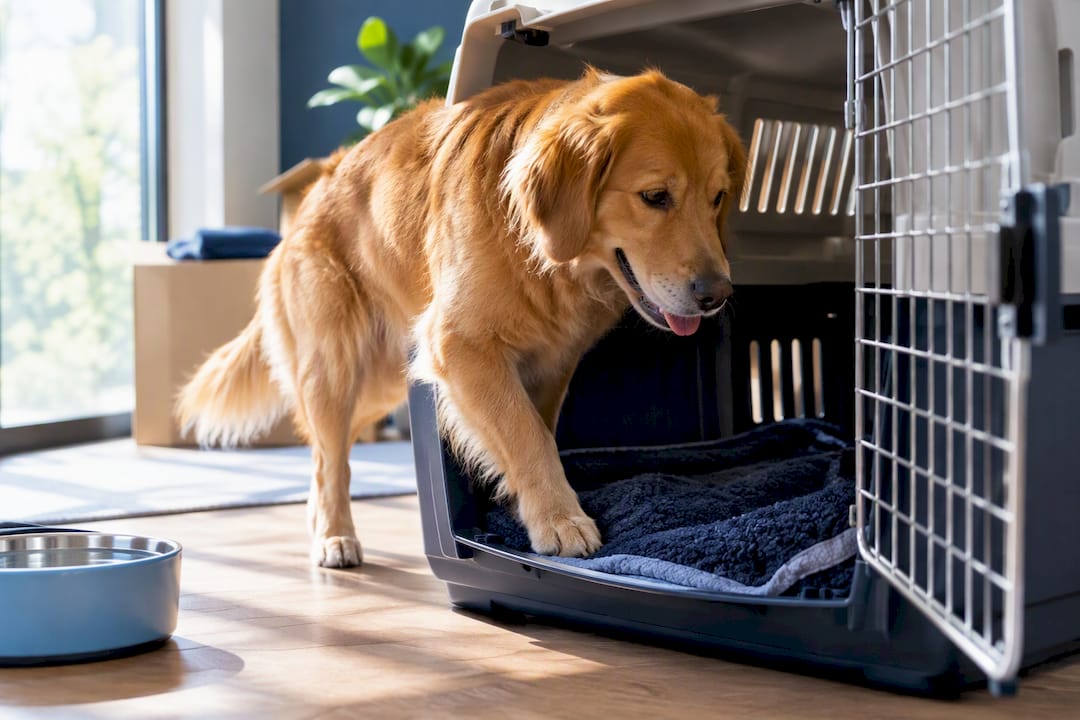 Chien à l'aise dans sa caisse de transport