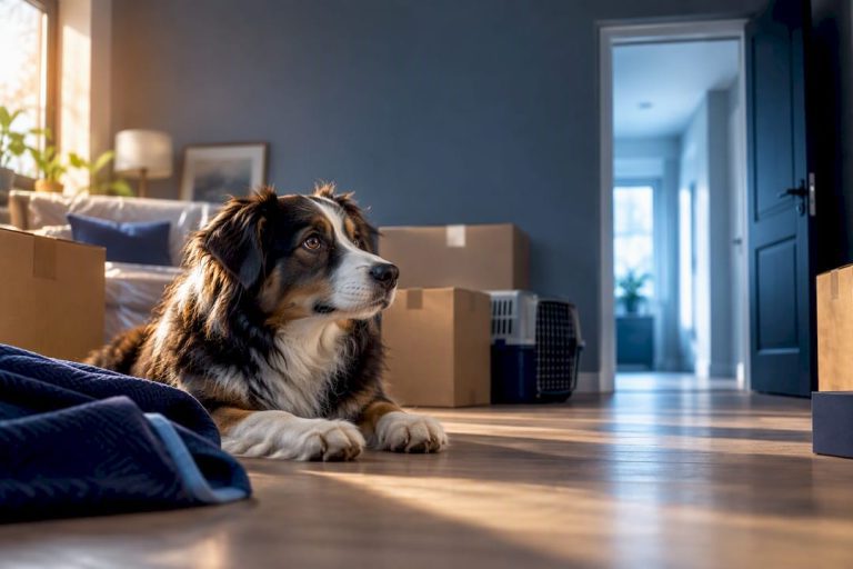 Chien tranquille lors d'une journée de déménagement